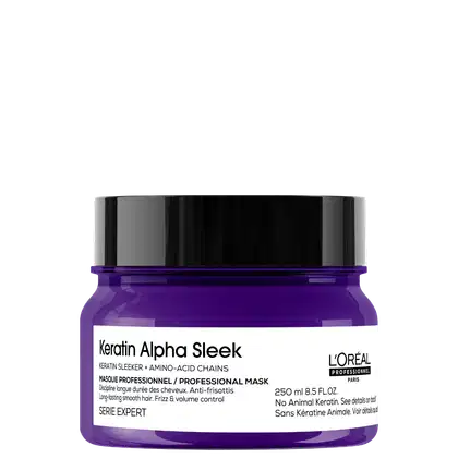 Frasco de máscara capilar profissional Keratin Alpha Sleek da L'Oréal Paris, com 250 ml de volume, em embalagem de vidro de cor roxa brilhante e tampa preta.