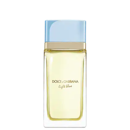 Embalagem retangular com tampa azul clara e detalhes dourados. Rótulo com o texto "DOLCE & GABBANA light blue" em letras douradas. Frasco contém líquido amarelado.