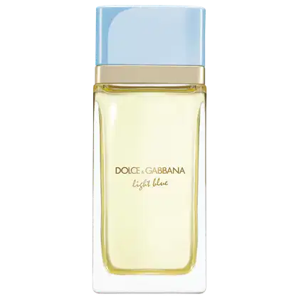 Frasco de perfume Dolce & Gabbana Light Blue, com embalagem azul clara e detalhes dourados, contendo um líquido amarelado.
