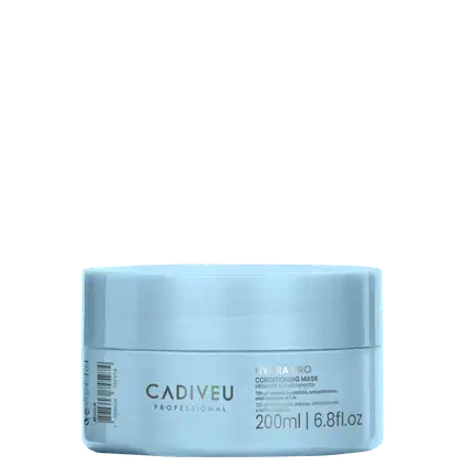 Frasco de máscara condicionadora da linha Cadiveu Professional Hydra Pro, com 200ml, em embalagem de plástico azul claro.