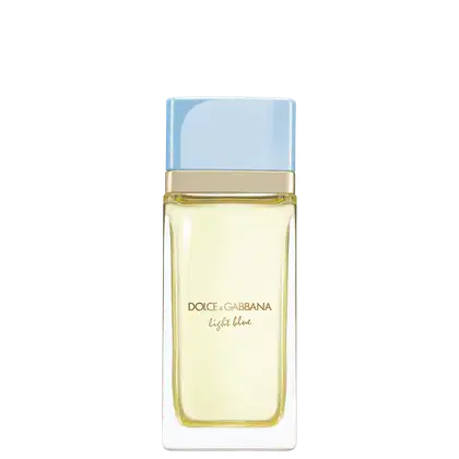 Frasco de perfume Dolce & Gabbana Light Blue, com embalagem azul clara e detalhes dourados, contendo um líquido amarelado.