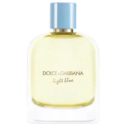 Frasco de item de perfumaria com tampa azul claro e rótulo com texto "Dolce & Gabbana Light Blue" em dourado. O frasco possui formato cilíndrico e contém um líquido amarelo claro.