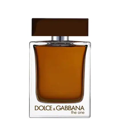 Frasco de perfume Dolce & Gabbana The One, com design retangular em vidro transparente e tampa marrom. O rótulo exibe o nome da marca em letras douradas.