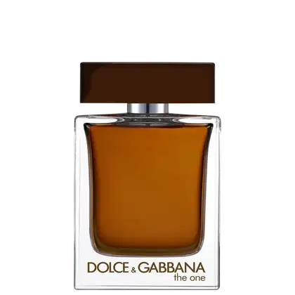 Frasco de perfume Dolce & Gabbana The One, com design retangular em vidro transparente e tampa marrom. O rótulo exibe o nome da marca em letras douradas.