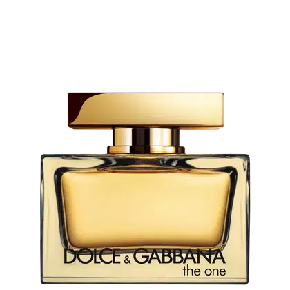 Item de perfumaria dourado e preto com rótulo "Dolce & Gabbana the one". Frasco retangular com tampa dourada. Texto em preto com nome da marca e produto.