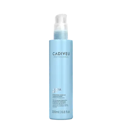 Frasco de leave-in 200ml da linha Hydra Pro da Cadiveu Professional, com embalagem azul claro e rótulo com o nome da marca em branco e cinza. Produto de tratamento capilar leave-in para hidratação, suavidade e proteção térmica até 230°C.