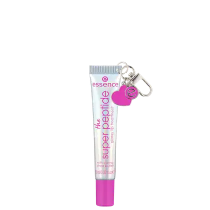 Embalagem do gloss prateada furta-cor e rosa. Contém texto "the super peptide" e logotipo da marca. Possui um pingente em forma de coração rosa preso ao tubo.