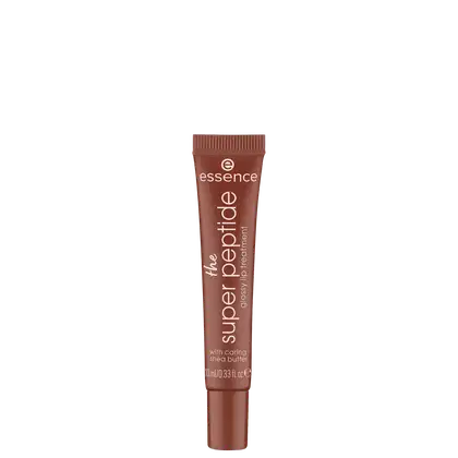 O tubo possui uma tampa rosada e uma textura estriada. O rótulo apresenta o nome do produto "The super peptide" em letras brancas sobre fundo rosa.