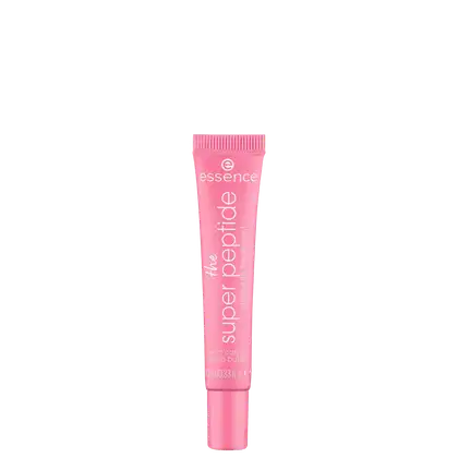 O tubo possui uma tampa rosada e uma textura estriada. O rótulo apresenta o nome do produto "The super peptide" em letras brancas sobre fundo rosa.