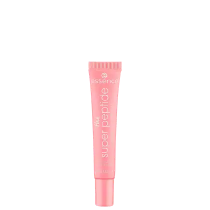 O tubo possui uma tampa rosada e uma textura estriada. O rótulo apresenta o nome do produto "The super peptide" em letras brancas sobre fundo rosa.