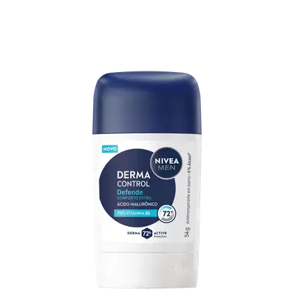 Desodorante antitranspirante Nivea Men Derma Control Defende, com conforto extra e ácido hialurônico, em embalagem plástica azul e branca de 54g.