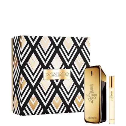 Conjunto de perfume Rabanne composto por frasco de perfume dourado com rótulo "1 Million" e embalagem decorativa em preto e dourado com padrão geométrico.