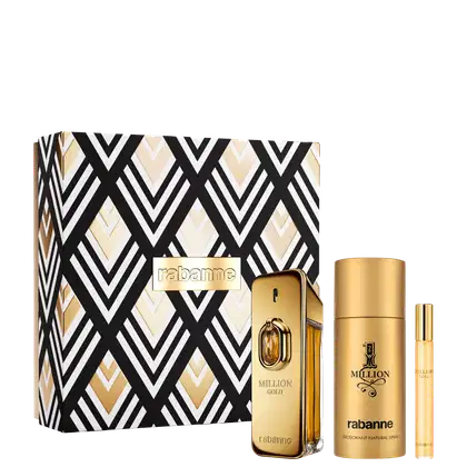 Conjunto de produtos da marca Rabanne, incluindo um frasco de perfume dourado "Million Gold" e um desodorante em embalagem dourada, apresentados em uma caixa com padrão geométrico preto e branco.