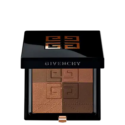 Caixa preta com logotipo da marca Givenchy em letras douradas. Contém 4 tons de marrom e dourado, com padrão geométrico em relevo.