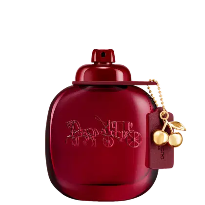 Frasco de perfume Coach vermelho escuro com tampa redonda e detalhe dourado em formato de cereja. Embalagem com gravação em relevo de carruagem.