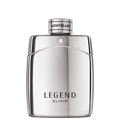 Frasco de perfume Montblanc Legend Elixir, com design elegante em tons de prata e preto, destacando o nome da marca e do produto em letras grandes. Embalagem de vidro com tampa arredondada, transmitindo sofisticação e exclusividade.