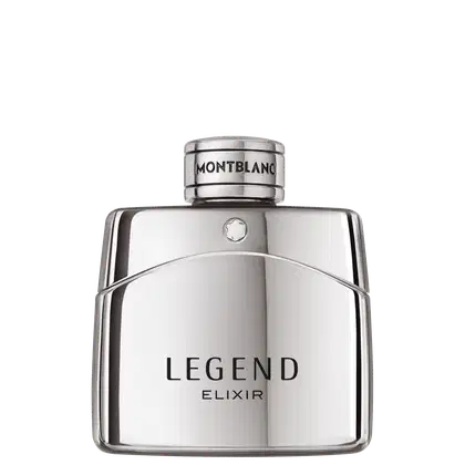 Frasco de perfume Montblanc Legend Elixir, com design elegante e minimalista em tons de prata e preto. O rótulo destaca o nome da fragrância em letras grandes. A embalagem transmite uma imagem sofisticada e refinada do produto.