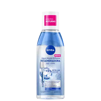 Frasco de água micelar bifásica regeneradora da marca NIVEA, com rótulo rosa e azul, contendo 200ml do produto.
