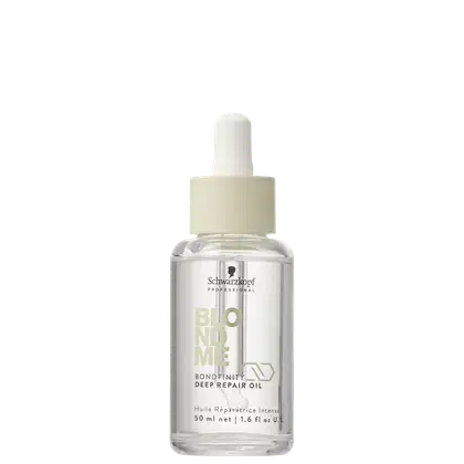 Frasco transparente com conta-gotas contendo óleo reparador profundo da linha Bondfinity da Schwarzkopf Professional, com 50ml