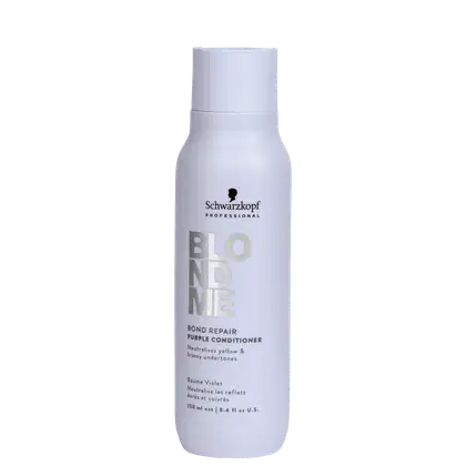 Frasco branco de condicionador Schwarzkopf Professional Blondme Bond Repair Purple, com 250 ml, que neutraliza tons amarelados em cabelos loiros.
