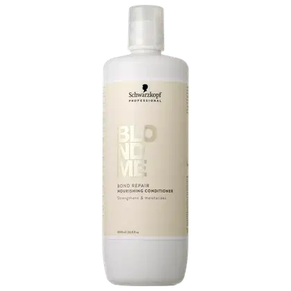 Frasco branco de 1000 ml da linha Blondme da Schwarzkopf Professional, contendo condicionador BlondMe Bond Repair Nourishing Conditioner