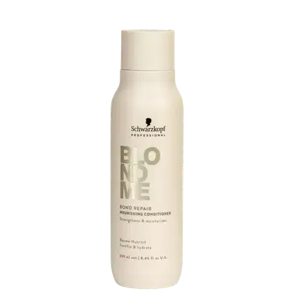 Frasco branco de 250 ml da linha Blondme da Schwarzkopf Professional, contendo condicionador BlondMe Bond Repair Nourishing Conditioner