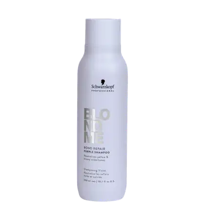 Frasco branco de 300 ml da linha Blond Me da Schwarzkopf Professional, com rótulo destacando o "Bond Repair Purple Shampoo" para neutralizar tons amarelados e acobreados.
