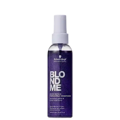 Frasco de spray roxo da linha Blondme da Schwarzkopf Professional, com rótulo indicando ser um condicionador reparador de ligações para cabelos loiros.