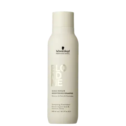 Frasco branco de shampoo Schwarzkopf Professional Blond Me Bond Repair Brightening 300ml, com rótulo preto destacando o nome do produto e sua função de reparar e iluminar os cabelos.