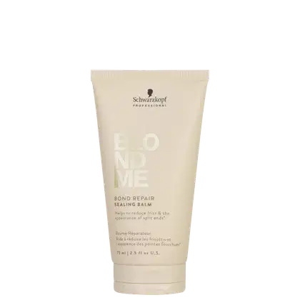 Tubo de 75 ml do produto Blond Me Bond Repair Sealing Balm da Schwarzkopf Professional, com embalagem de cor bege e texto em preto e branco indicando o nome e a função do produto.