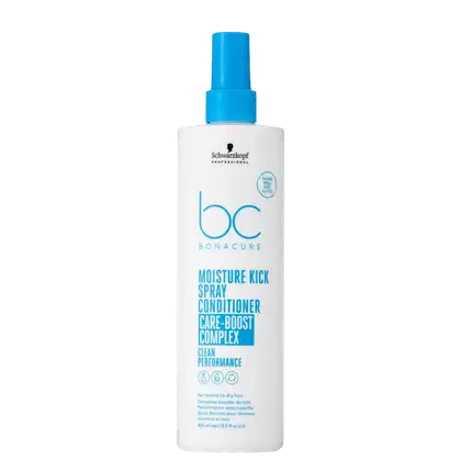 Frasco branco com tampa azul da linha Bonacure Moisture Kick, da Schwarzkopf Professional, contendo um spray condicionador de 400ml para cabelos normais a secos, com complexo de cuidados intensivos.