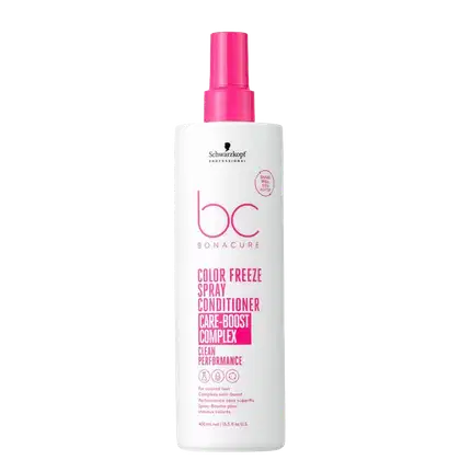 Frasco branco com tampa rosa da linha Bonacure Color Freeze da Schwarzkopf Professional, contendo um spray condicionador de 400ml para cabelos coloridos, com rótulo destacando o "Color Freeze Spray Conditioner" e o "Care-Boost Complex".
