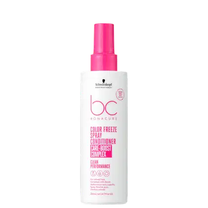 Frasco branco com tampa rosa da linha Bonacure Color Freeze da Schwarzkopf Professional, contendo um spray condicionador de 200ml para cabelos coloridos, com rótulo destacando o "Color Freeze Spray Conditioner" e o "Care-Boost Complex".