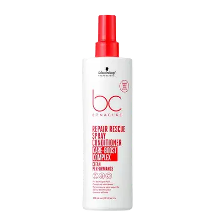 Frasco branco com tampa vermelha da linha Bonacure Repair Rescue da Schwarzkopf Professional, contendo um spray condicionador de 400ml