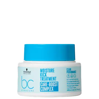 Máscara de hidratação de 200ml da linha Bonacure Moisture Kick da Schwarzkopf Professional, com tampa azul e rótulo branco destacando o nome "Moisture Kick Treatment" e "Care-Boost Complex".