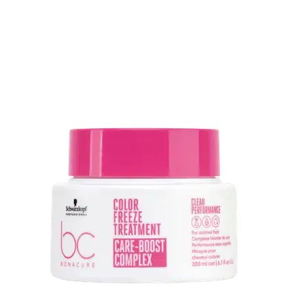Pote branco com tampa rosa da linha Bonacure Color Freeze  da Schwarzkopf Professional, contendo máscara de 200ml para cabelos coloridos, com rótulo indicando "Color Freeze Treatment" e "Care-Boost Complex".