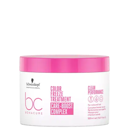 Pote branco com tampa rosa da linha Bonacure Color Freeze  da Schwarzkopf Professional, contendo máscara de 500ml para cabelos coloridos, com rótulo indicando "Color Freeze Treatment" e "Care-Boost Complex".