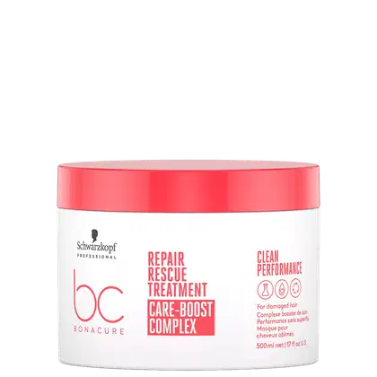 Frasco branco com rótulo vermelho da linha Bonacure da Schwarzkopf Professional, contendo o "Repair Rescue Treatment Care-Boost Complex" para cabelos danificados, com informações sobre o produto em inglês.