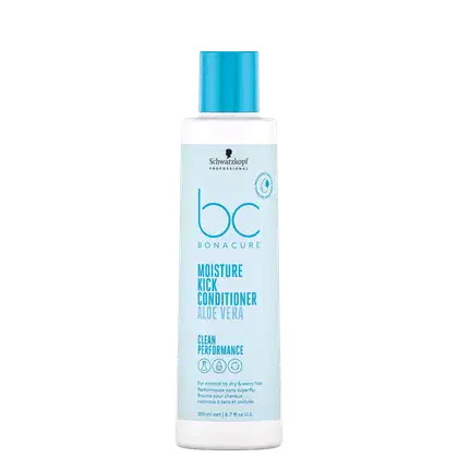 Frasco branco e azul da linha Bonacure Moisture Kick da Schwarzkopf Professional, contendo condicionador de 200ml. Rótulo com nome do produto, marca e informações sobre o uso em cabelos normais a secos e ondulados.