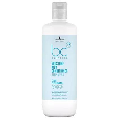 Frasco branco e azul claro da linha Bonacure da Schwarzkopf Professional, contendo condicionador Moisture Kick de 1 Litro