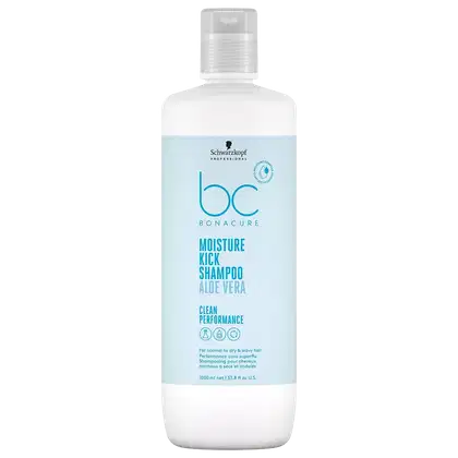 Frasco branco e azul claro da linha Bonacure da Schwarzkopf Professional, contendo Moisture Kick Shampoo com Aloe Vera, de 1 Litro