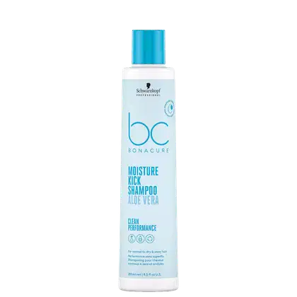 Frasco branco e azul da linha Bonacure da Schwarzkopf Professional, contendo Shampoo Moisture Kick com Aloe Vera para cabelos normais a secos e ondulados. Embalagem de 250 ml com informações sobre o produto.