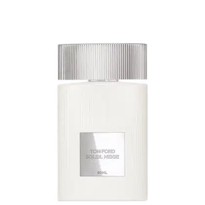 Frasco de perfume Tom Ford Soleil Neige, com embalagem branca e detalhes em prata, contendo 50 ml do produto.