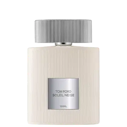 Frasco de perfume Tom Ford Soleil Neige, com embalagem branca e prata, apresentando um design de linhas verticais e rótulo com o nome da fragrância em letras prateadas.