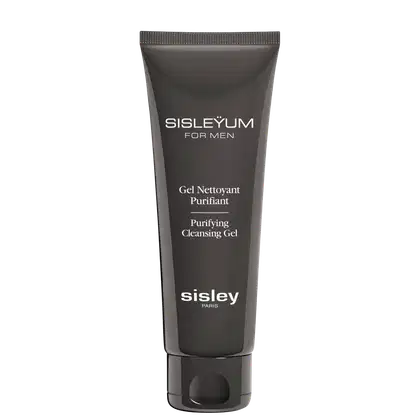 Gel de limpeza purificante em embalagem de tubo cinza com texto em branco, contendo informações sobre o produto e a marca Sisley Paris.