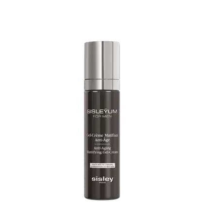 Frasco de gel-creme antienvelhecimento com design minimalista em tons de cinza e preto. O rótulo destaca o nome da marca "Sisley Paris" e a descrição do produto "Anti-Aging Mattifying Gel-Cream".