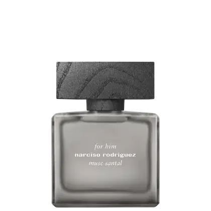 Frasco de perfume masculino da marca Narciso Rodriguez, com embalagem de vidro escuro e rótulo com o nome do produto "Musc Santal" em letras brancas.