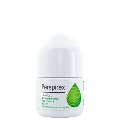 Recipiente branco cilíndrico com tampa, rótulo verde e branco com texto "Perspirex Comfort Antitranspirante Alta eficácia Roll-on Dermatologicamente testado". Produto de perfumaria com design simples e minimalista.