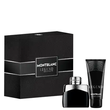 Caixa preta com logotipo Montblanc Legend em branco. Frasco de perfume preto com tampa prateada. Tubo preto com rótulo Montblanc Legend. Embalagem e produtos de perfumaria em cores predominantemente preto e prata.