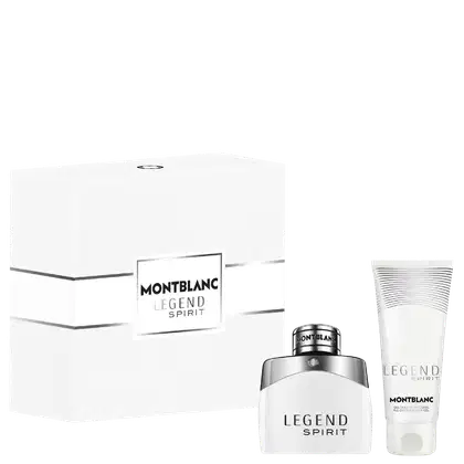 Caixa branca com logotipo "MONTBLANC LEGEND SPIRIT" em preto. Frasco de perfume branco com logotipo "MONTBLANC" em preto. Tubo de gel branco com rótulo "LEGEND SPIRIT MONTBLANC".